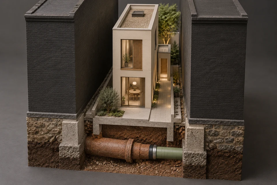 Conceptual illustration of existing service · new building · connection review