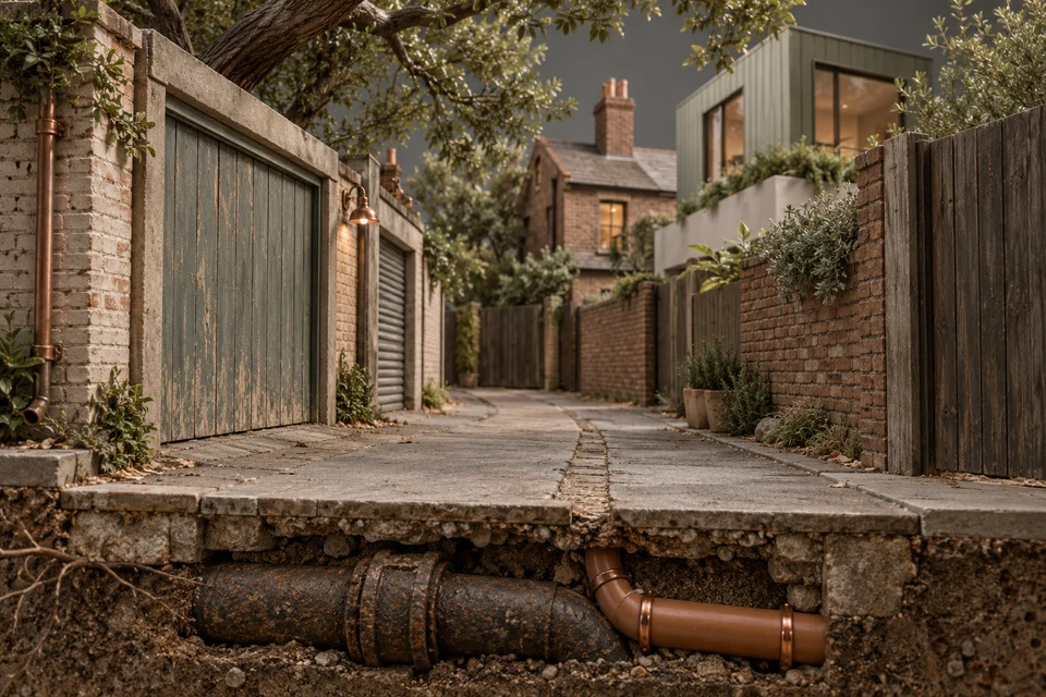 Conceptual illustration of older house · infill service · street context